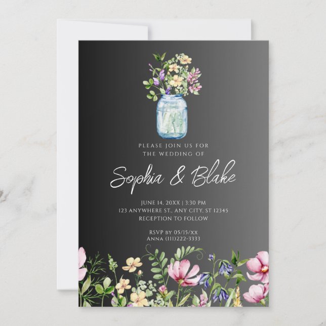 Invitation Mason Jar Fleur sauvage Russe Pays Mariage noir (Devant)