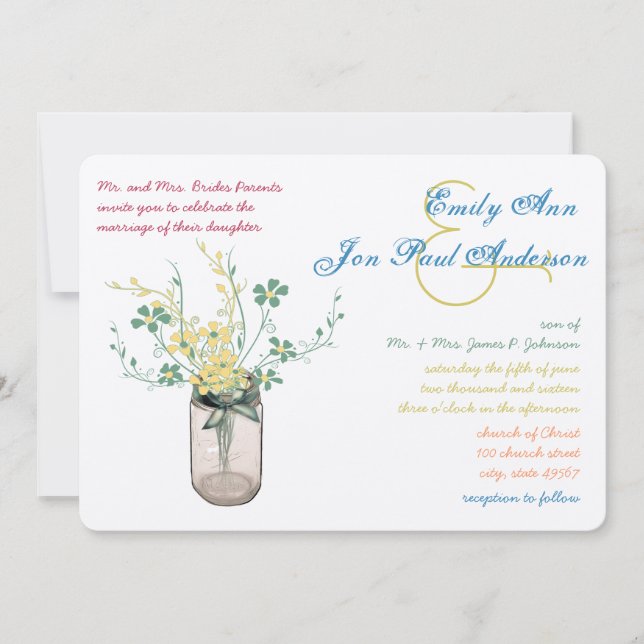 Invitation Mason Jar Fleur sauvage Sage et moutarde Jaune (Devant)