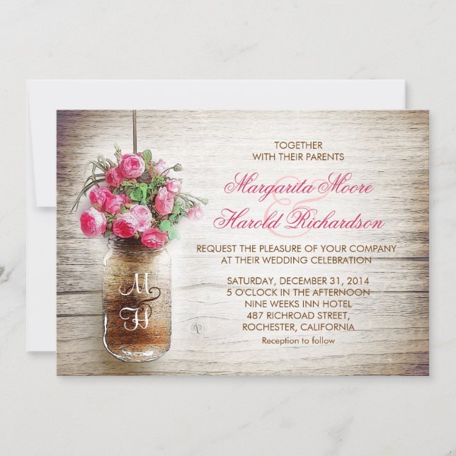 Invitation Mason jar & fleurs rose foncé mariage invite (Devant)