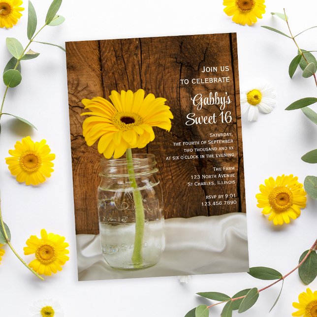 Invitation Mason Jar Jaune Daisy Sweet 16 Anniversaire (Créateur téléchargé)
