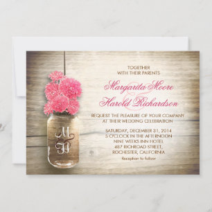 Invitation Mason jar & jolies fleurs roses mariage invite
