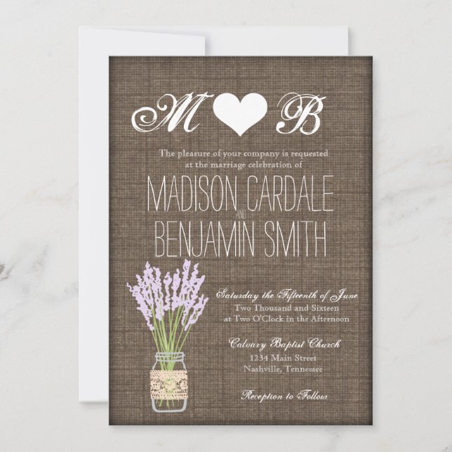 Invitation Mason Jar Lavender Rustic Burlap Wedding Invite (Devant)