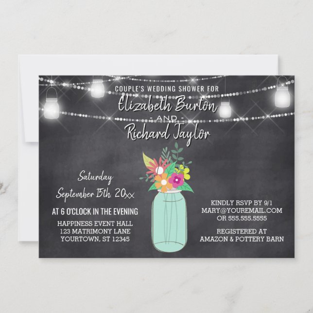 Invitation Mason Jar Lights Chalkboard Couples Wedding shower (Devant)