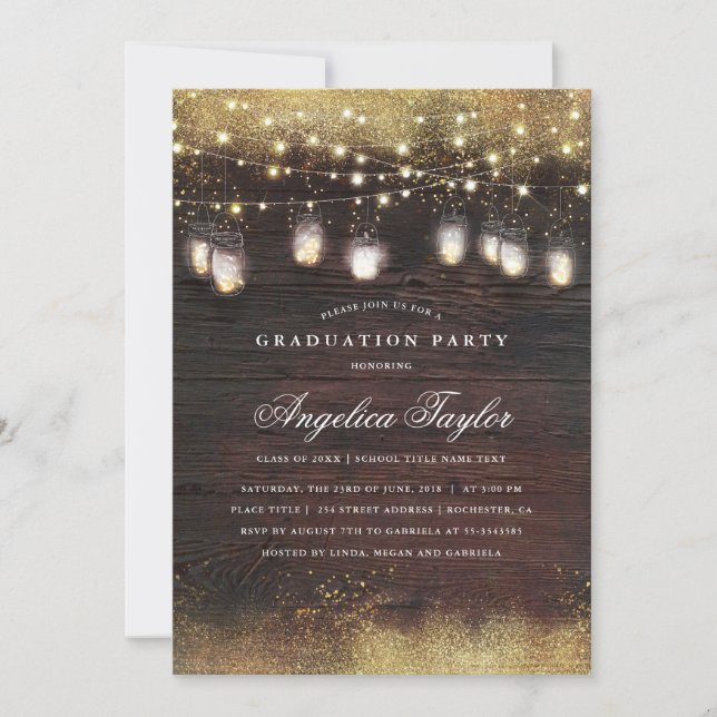 Invitation Mason Jar Lights et Rustic Wood Graduation Party (Devant)