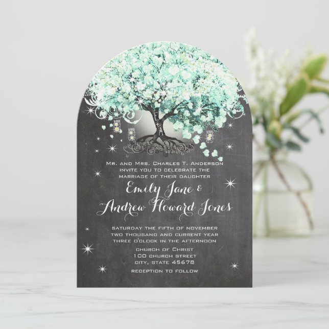 Invitation Mason Jar Mint Chalkboard Coeur Leaf Arbre (Debout devant)