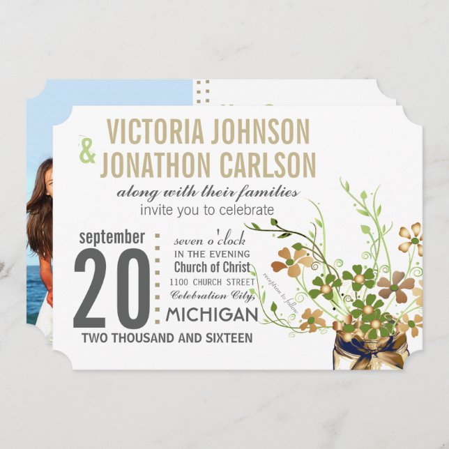 Invitation Mason Jar moderne bronze et vert Mariage floral (Devant / Derrière)
