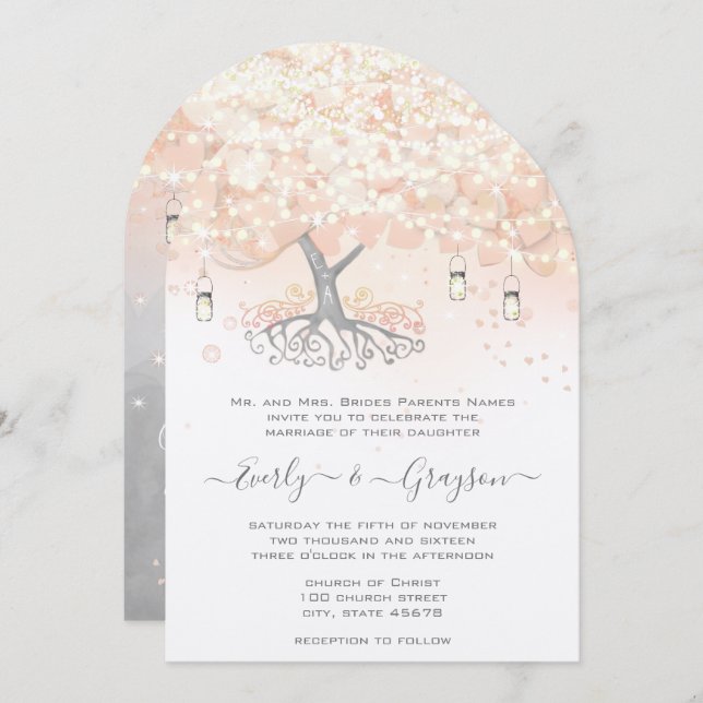 Invitation Mason Jar Peachy Pink Heart Leaf Tree Mariage (Devant / Derrière)