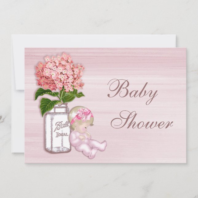 Invitation Mason Jar, petite fille, Baby shower Hydrangea ros (Devant)