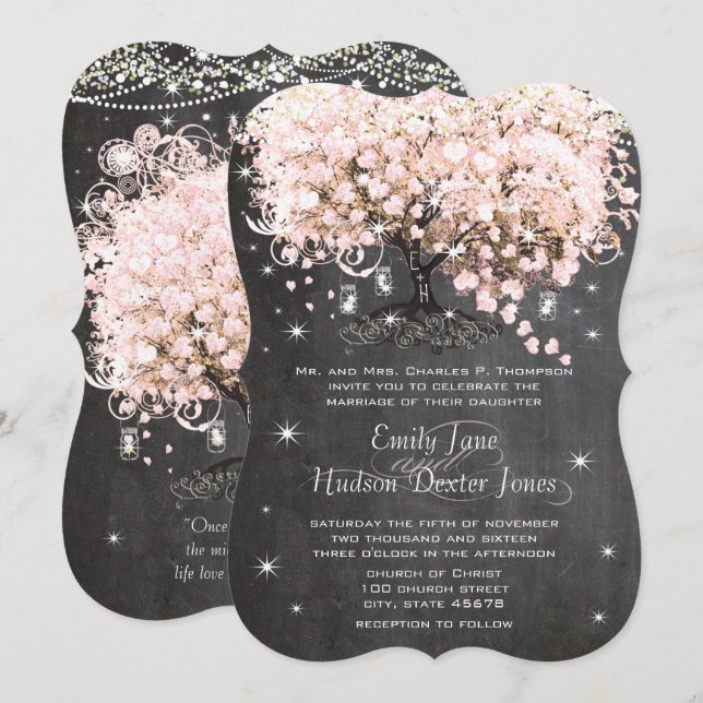Invitation Mason Jar Pink Chalkboard Arbre de la feuille de c (Devant / Derrière)