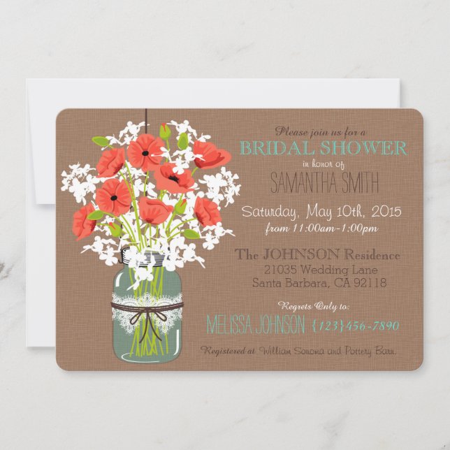 Invitation Mason Jar, Poppies & Burlap Fête des mariées rusti (Devant)