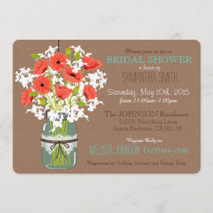 Invitation Mason Jar, Poppies & Burlap Fête des mariées rusti