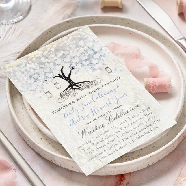 Invitation Mason Jar Poudre Bleu Coeur Feuille Arbre Damas (Créateur téléchargé)