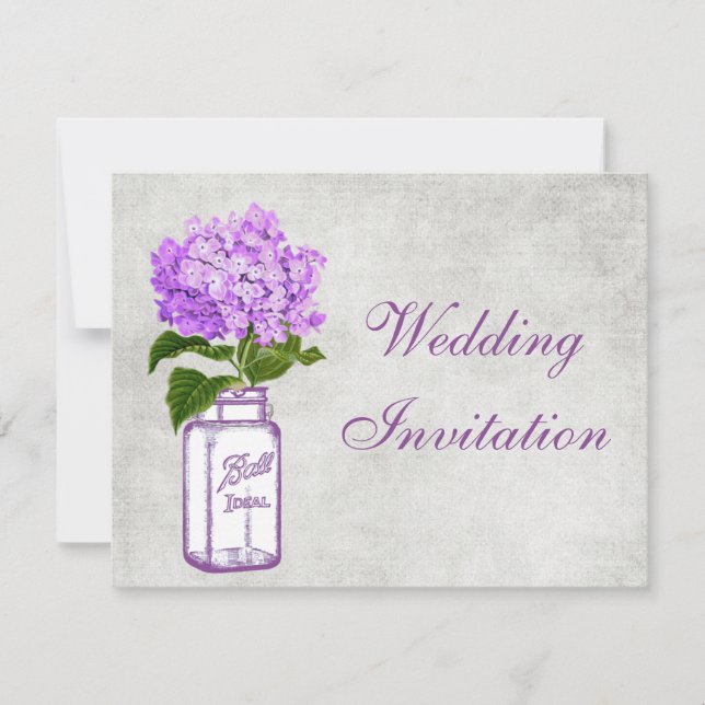 Invitation Mason Jar & Purple Hydrangea Shabby Chic Mariage (Devant)