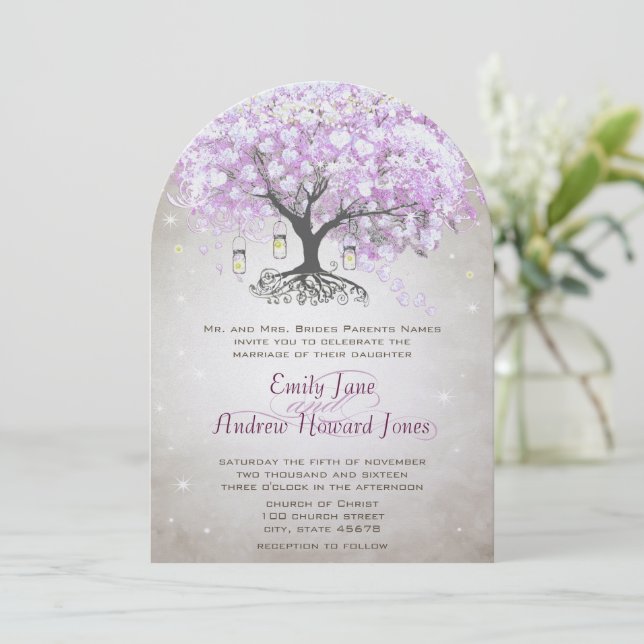 Invitation Mason Jar Radiant Lavender Leaf Tree Mariage (Debout devant)