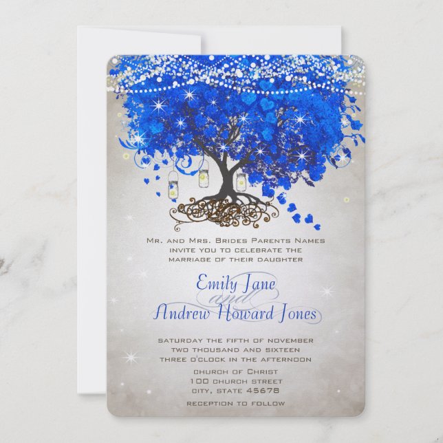 Invitation Mason Jar Royal Blue Heart Leaf Tree Mariage (Devant)