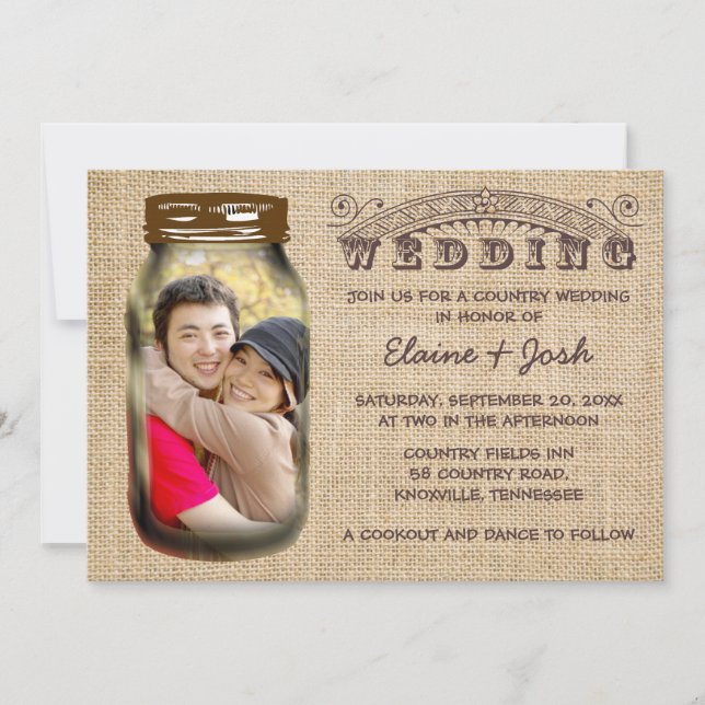 Invitation Mason Jar Rustic Burlap Mariage campagnard Invitat (Devant)