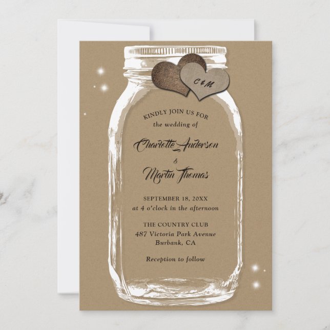 Invitation Mason Jar Rustic Country Kraft Mariage papier (Devant)