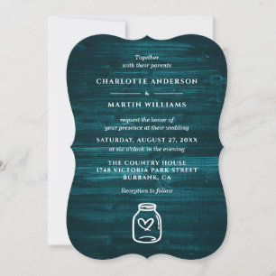 Invitation Mason Jar Rustic Country Mariage en bois Turquoise