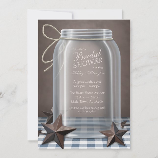 Invitation Mason Jar Rustic Stars Blue En vichy Fête des mari (Devant)