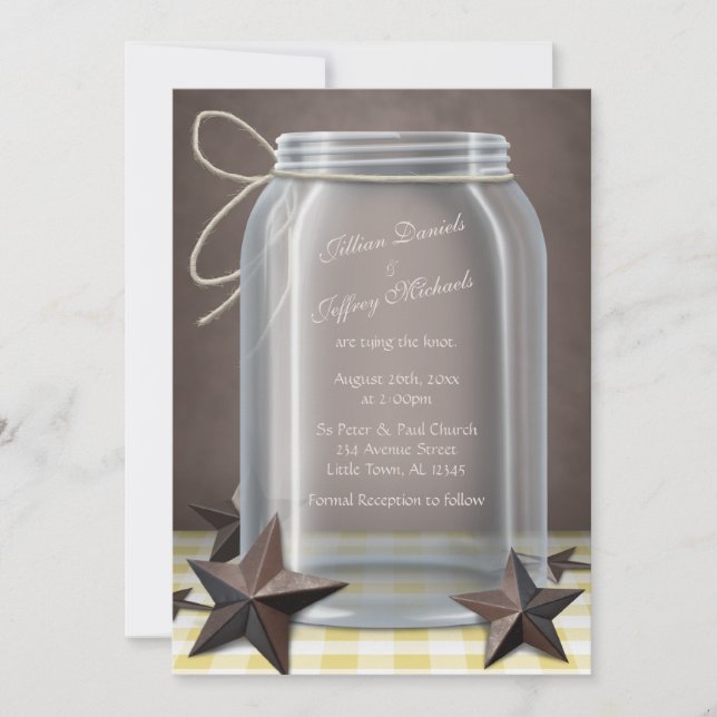 Invitation Mason Jar Rustic Stars Jaune En vichy Mariage (Devant)