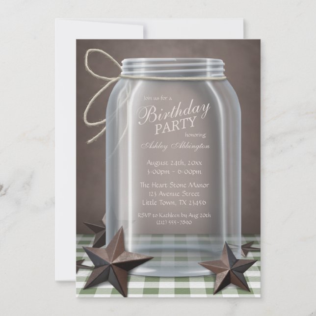 Invitation Mason Jar Rustic Stars Vert En vichy Anniversaire (Devant)