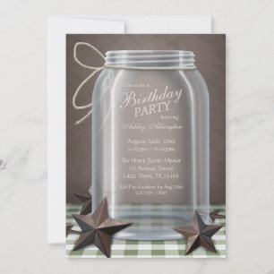 Invitation Mason Jar Rustic Stars Vert En vichy Anniversaire
