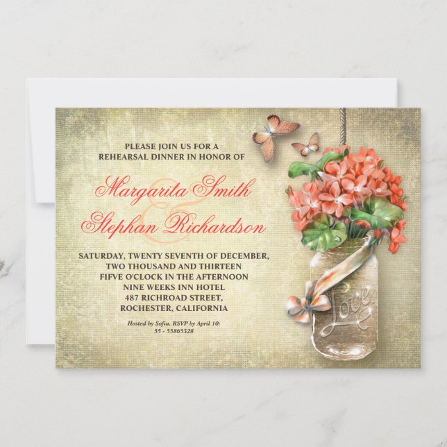 Invitation mason jar rustique burlap répétition dîner invitat (Devant)