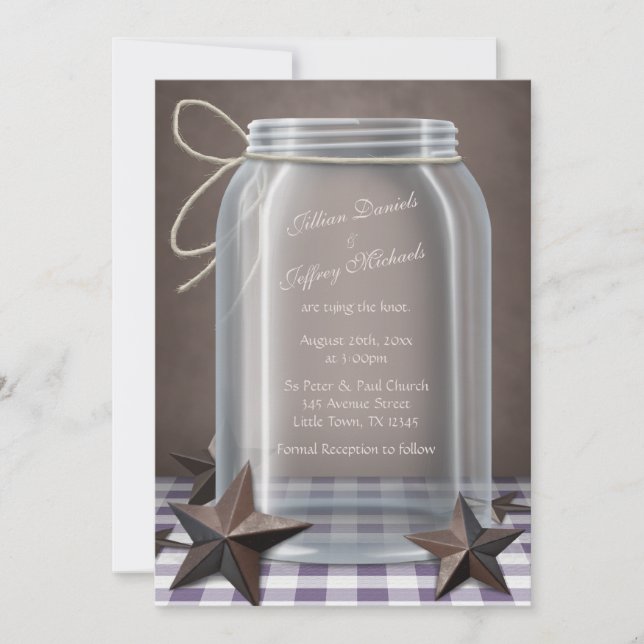 Invitation Mason Jar Stars Rustiques Violet En vichy Mariage (Devant)