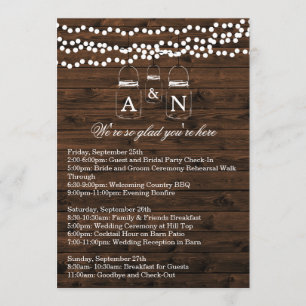 Invitation Mason Jar String Light WEEKEND ITINERARY Card