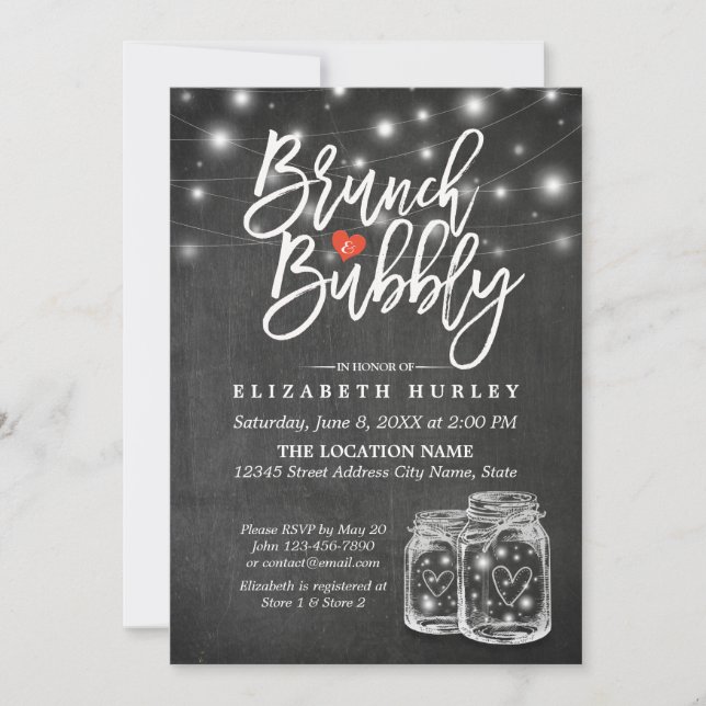 Invitation Mason Jar String Lights Chalkboard Brunch & Bubbly (Devant)