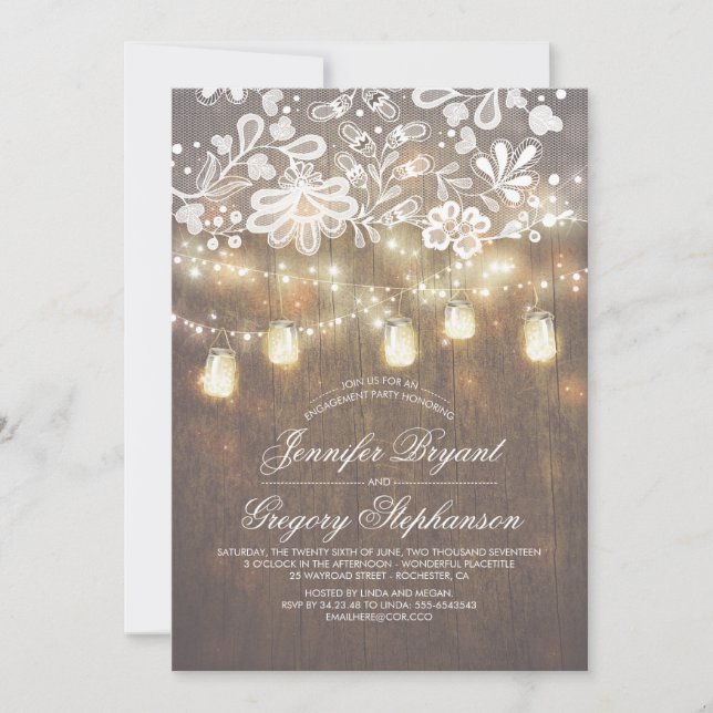 Invitation Mason Jar String Lights Lace Engagement (Devant)