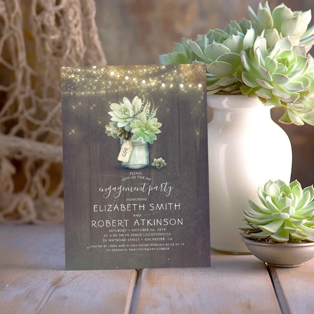 Invitation Mason Jar Succulents Rustic Engagement Party (Succulents Greenery Mason Jar Engagement Party Invitations)