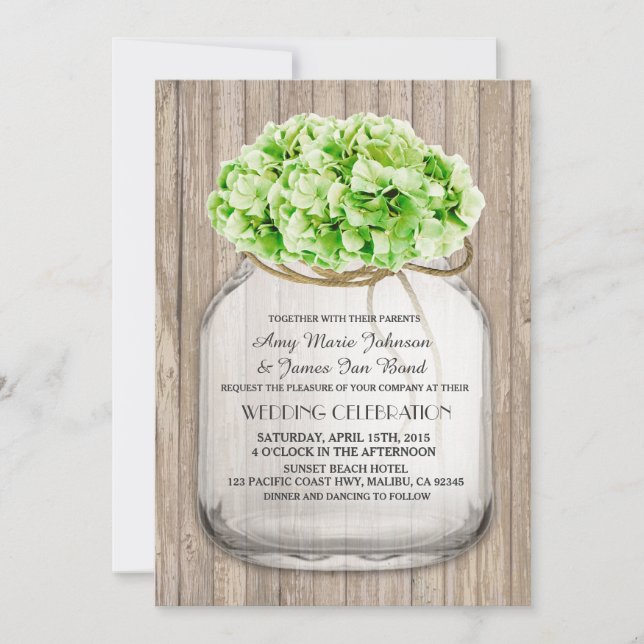 Invitation Mason jar vert hydrangea mariage invite hyd4 (Devant)