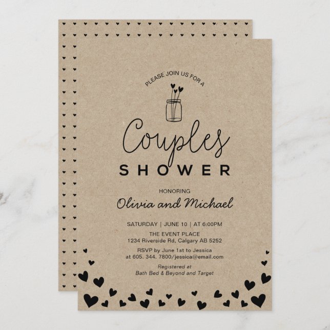 Invitation Mason Jar, Wedding shower Chic Kraft Couples Noirs (Devant / Derrière)