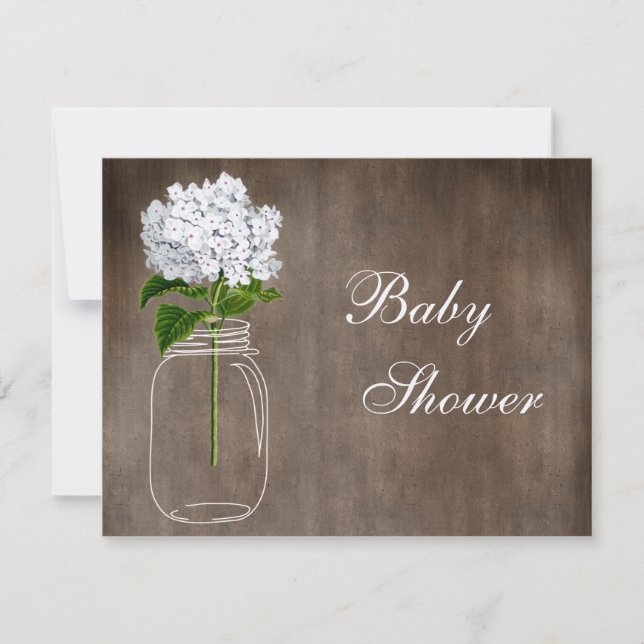Invitation Mason Jar & White Hydrangea Baby shower rustique (Devant)