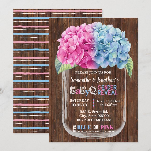 Invitation Mason jarre pays chic genre révéler rose ou bleu (Devant / Derrière)