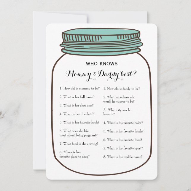 Invitation Mason Jars 2x Baby shower Jeu - Conseils | Qui con (Devant)