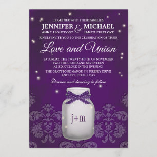 Invitation Mason jaune mauve avec Mariage aux lucioles