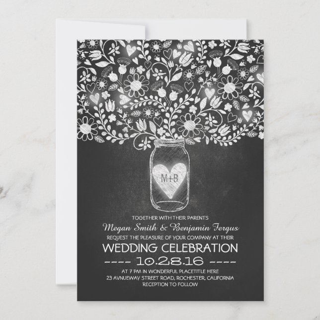 Invitation Mason pot et chalkboard fleurs mariage invite (Devant)