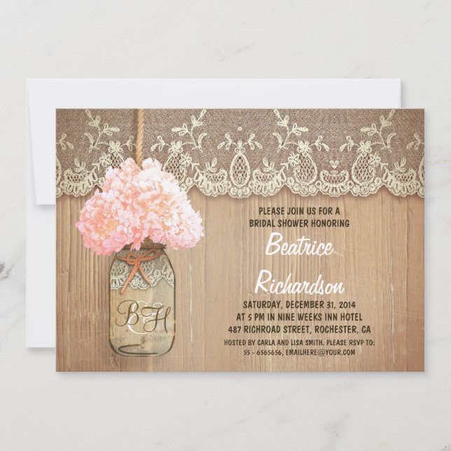Invitation mason rustique jarre rose hydrangée douche nuptial (Devant)