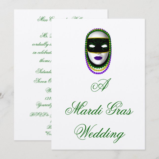 Invitation Masque "A Mardi Gras Mariage" perlé - noir/vert/P (Devant / Derrière)