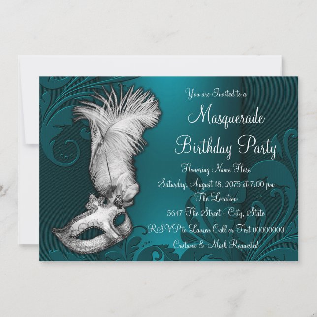 Invitation Masque à plumes bleu sarcelle foncé pour soirée ma (Devant)
