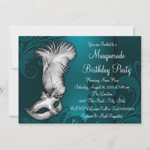 Invitation Masque à plumes bleu sarcelle foncé pour soirée ma