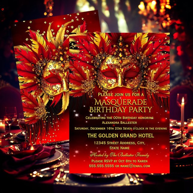 Invitation Masque à plumes dorées rouges Fête d'anniversaire  (Créateur téléchargé)