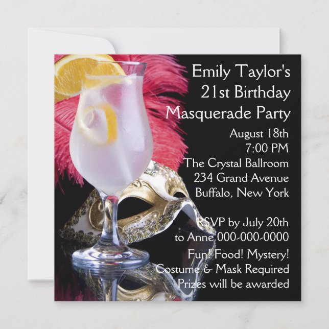 Invitation Masque à plumes Fête d'anniversaire 21 ans (Devant)