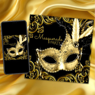 Invitation Masque à plumes noir et or pour soirée masquée