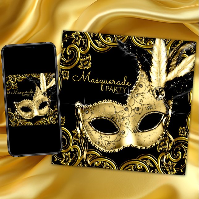 Invitation Masque à plumes noir et or pour soirée masquée (Black and gold masquerade party invitation with beautiful gold mask and gold swirls. Any occasion.)