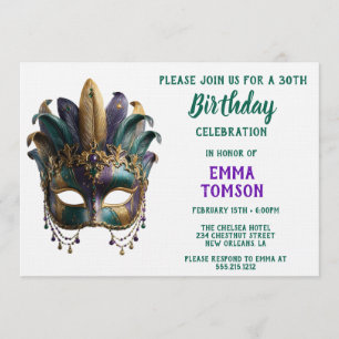 Invitation Masque à plumes régales du Mardi Gras pour anniver