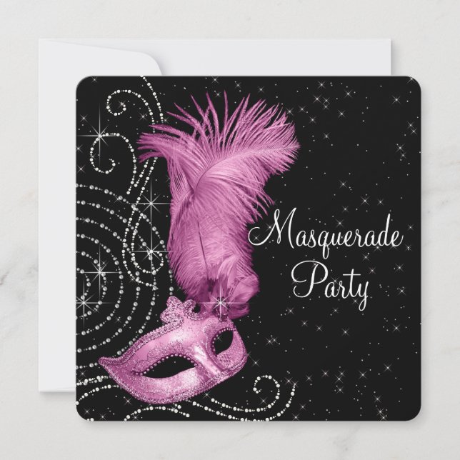 Invitation Masque à plumes roses pour soirée masquée (Devant)