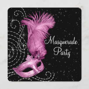 Invitation Masque à plumes roses pour soirée masquée